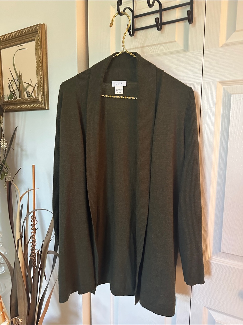 Kate Hill Knit Open-Front Cardigan in Olive Green